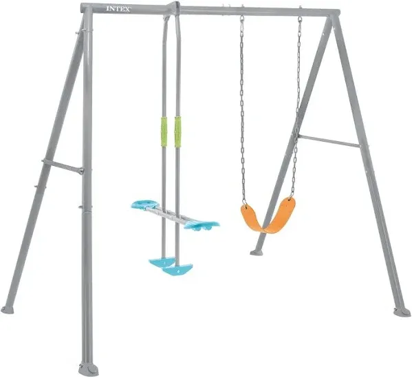 Two Feature Colored Playground Swing Set with Trapeze Bar for Kids, Gray (Used)