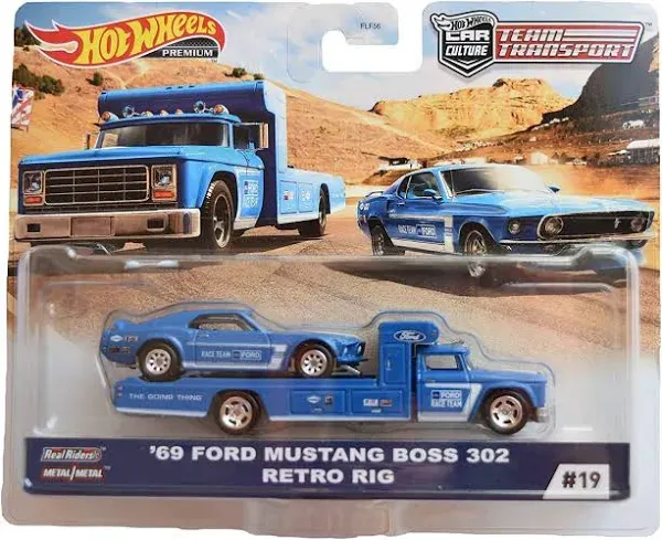 Hot Wheels Team Transport &#039;69 Ford Mustang Boss 302 &amp; Retro Rig Race Team # 19