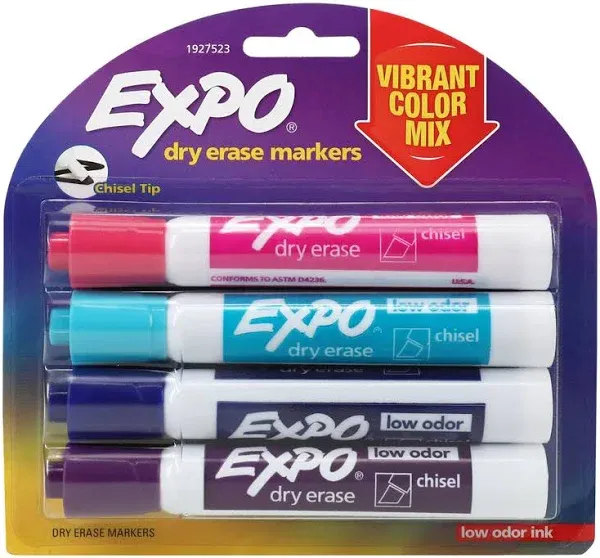 EXPO Low-Odor Dry-Erase Markers, Chisel Point, Pastel Colors, Pack Of 4