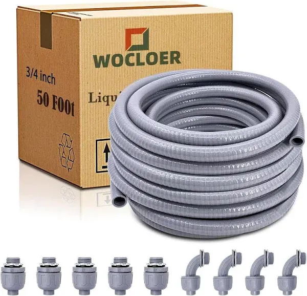 Wocloer Liquid-Tight Conduit - 1/2Inch 25 Foot Flexible Non Metallic Liquid Tight Electrical Conduit Kit, with 4 Straight and 3 Angle Fittings