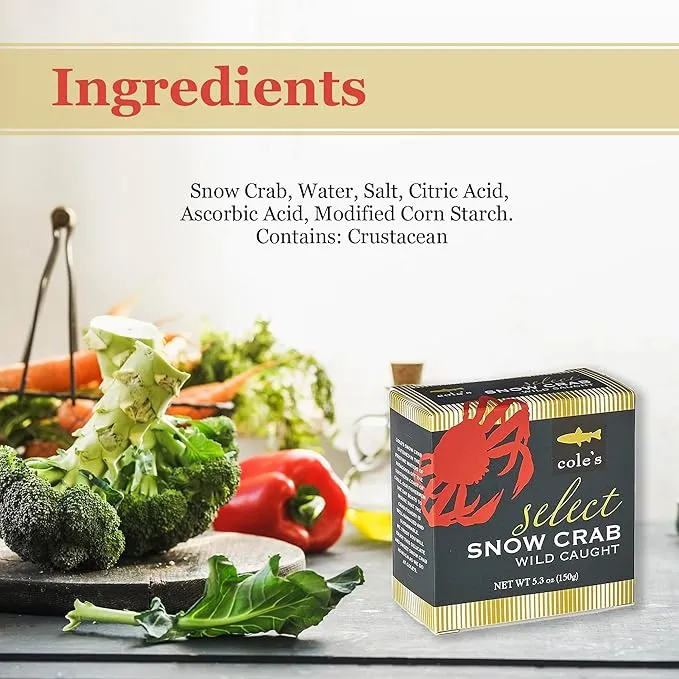 COLE'S Select Snow Crab Meat - Wild Caught from Patagonian Waters of Chile- High in Protein & Omega 3 Nutrients- No Preservatives - 5.3 oz Can- 1 Can