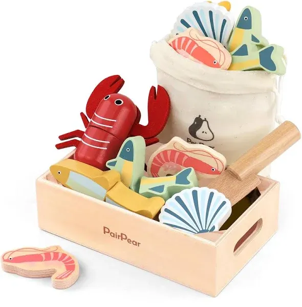 PairPear Wooden Play Food Cutting Seafood Set - Toddlers Wooden Toy Food Pretend Play Kitchen Accessories for 3 Years Old Boys Girls Early Education Toys Gift