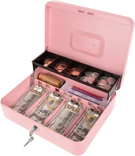 Cash Box with Money Tray and Key Lock, Money Box Safe Locking, Money Saving Lock Box with Money Tray Storage for Cash Register 11.8"x9.45"x3.54"