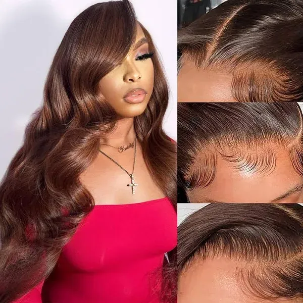 26Inch Chocolate Brown 13x6 Body Wave Lace Front Wigs Human Hair Pre Plucked ...