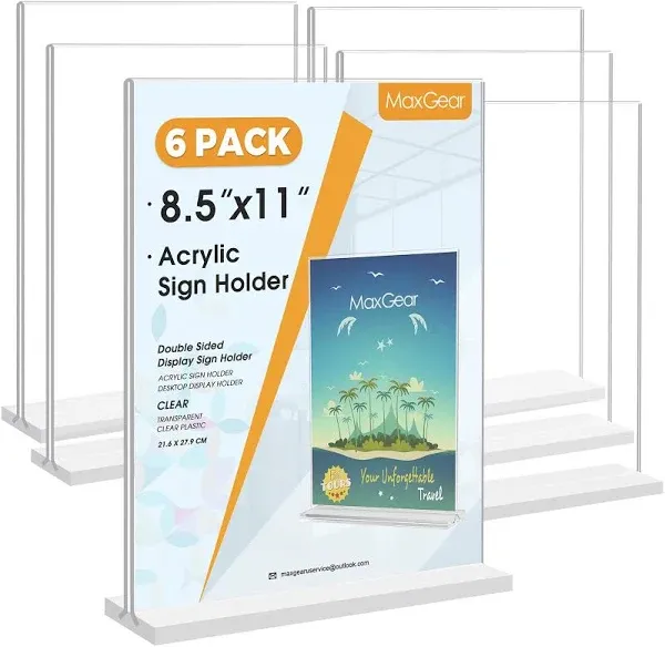 MaxGear Acrylic Sign Holder 8.5x11 6 Pack, Double Sided Clear Table Signs Stand, Vertical Flyer Holder, Plastic Sign Frame Display for Picture, Stores, Restaurants, Hotels, Office T Shape