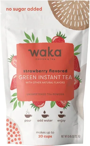 Waka Instant Green Tea Mix, Strawberry Flavored - 100% Tea Leaves, No Additives, Unsweetened Travel Size Tea Powder - Easy Quick Hot and Iced Teas, Up to 20 Cups (.45oz)