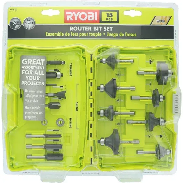 Ryobi 15 Piece Carbide 1/4” Shank Wood Router Bit Set A25R151