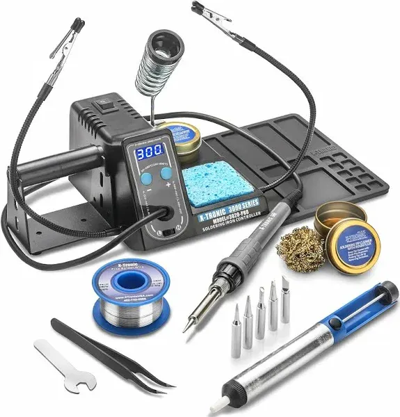 X-Tronic 3020-PRO • 75W Soldering Iron Station • C/F, Calibration, Sleep Features • 2 Helping Hands • Silicone Tool Mat • 5 Extra Tips • Roll of