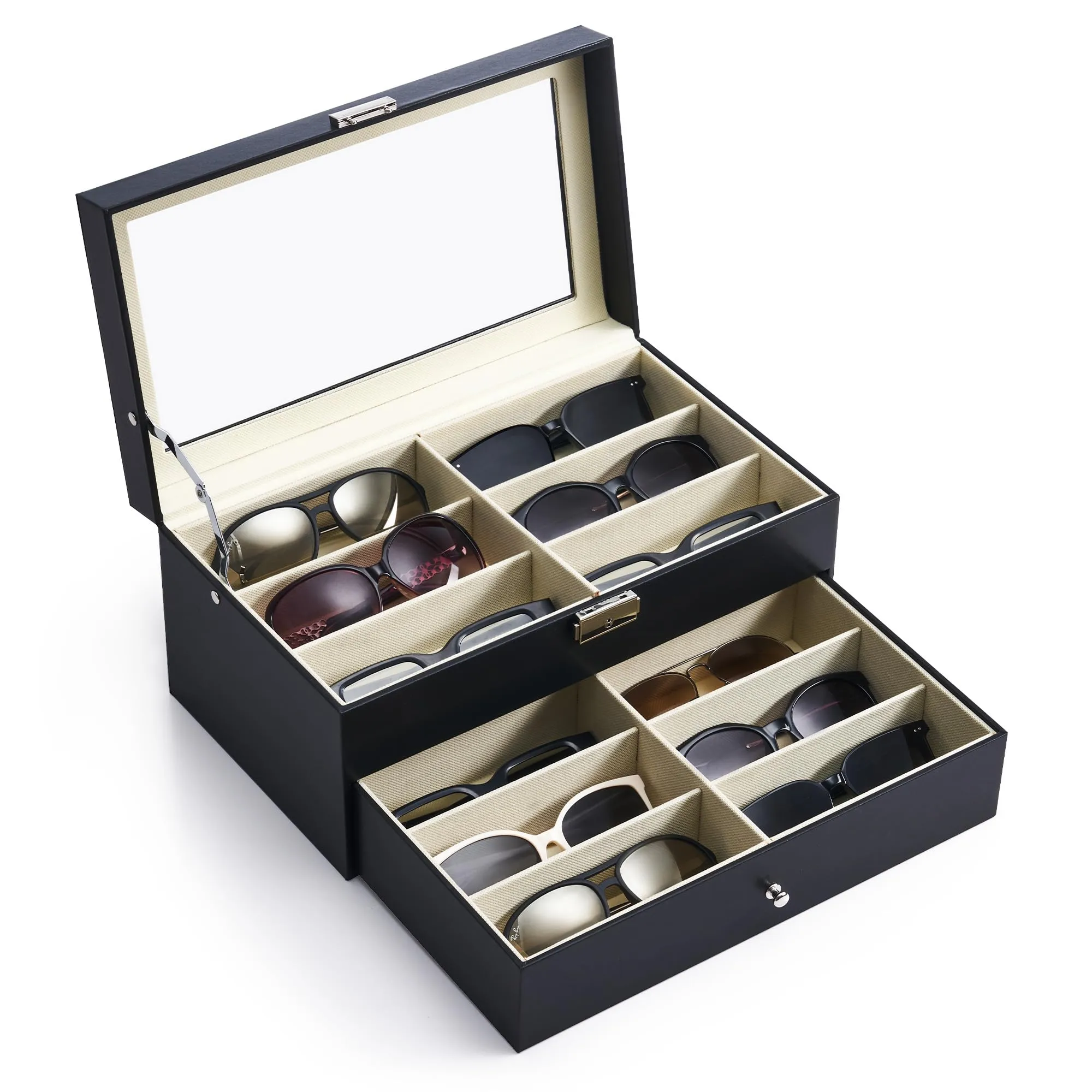 CO-Z Compartment Sunglasses Organizer Lockable Eyewear Display Case with Drawer Leather Eyeglasses Storage Box