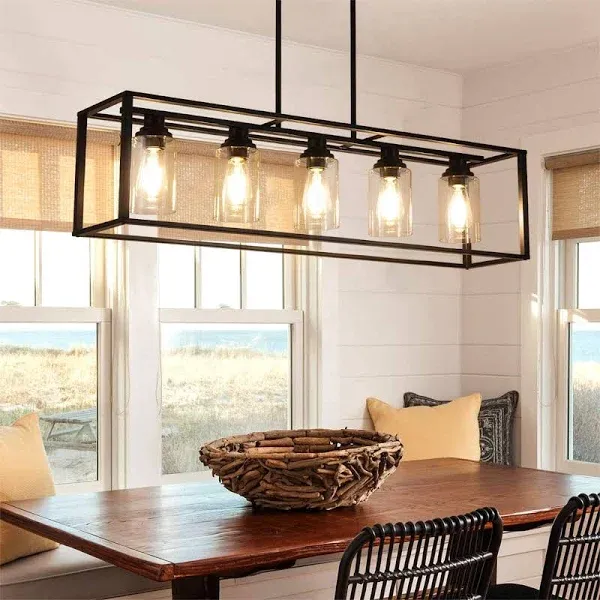 Kitchen Island Lighting, Black Farmhouse Dining Room Black 5-Light with Glass