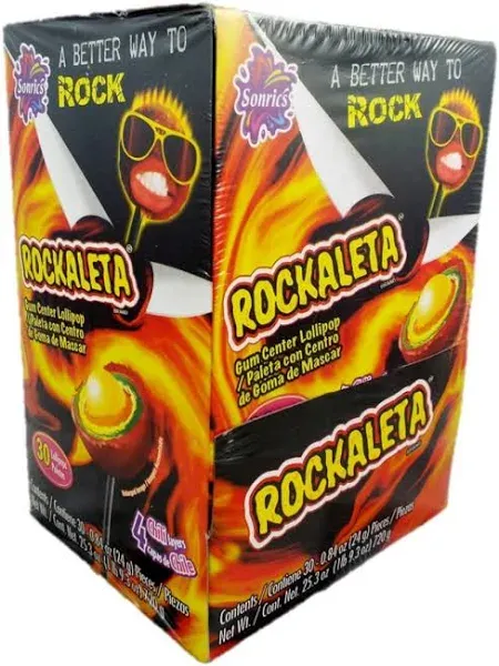 Sonrics Rockaleta Lollipops Gum Center display 30 pops on box 1-Lb 9-oz box