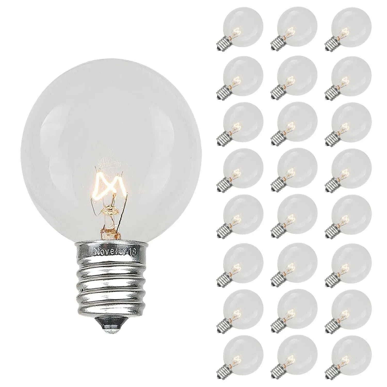 Novelty Lights 25 Pack G30 Outdoor Globe Replacement Bulbs, Clear, C7/E12 Candelabra Base, 5 Watt