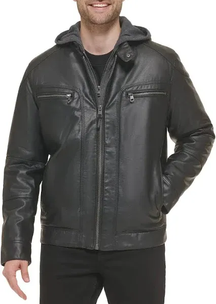 Calvin Klein Men's Faux Leather Moto Jacket with Removable Hoodie