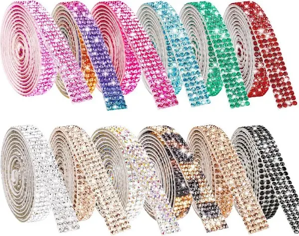 NiArt Self Adhesive Crystal Rhinestone Ribbon Set of 12 Colors, 12 Yards of Sparkling Decorative Ribbons, 0.39 Inch Width, Easy-to-Apply Adhesive Backing for DIY Crafts, Home Decor and Special Events