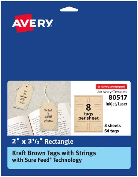 Avery Kraft Brown Rectangle Tags with Sure Feed Technology, 2" x 3.5", Laser/Inkjet, 64 Printable Tags with Strings Included, Also Great for Gift Tags and Favor Tags (80517)