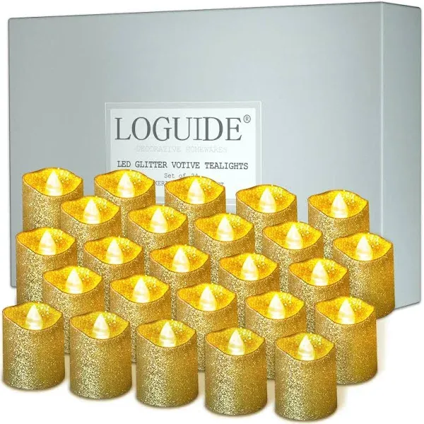 LOGUIDE Gold Flameless Votive Candles,24 Pack Battery Operated Gold Glitter Flickering Fake LED Tea Lights for Wedding Centerpieces,Table,Anniversary,Outdoor,Christmas Decorations…