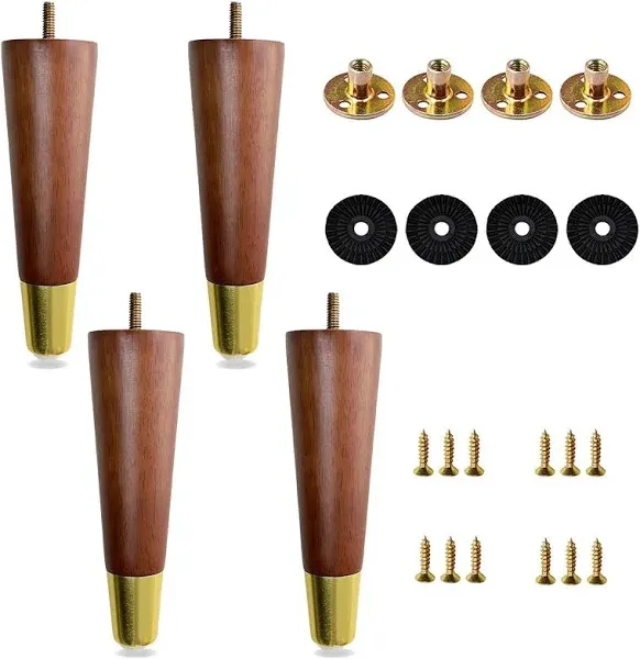 Taoeifuor 8 inch Hard Wood Furniture Legs with Gold Hardware Mid-century Modern Replacement Round Legs for Couch Dresser Cabinet Vanity Ottoman