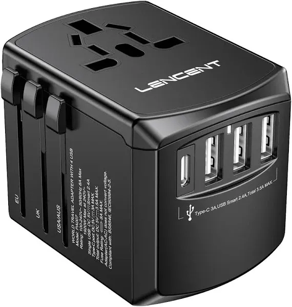 LENCENT Universal Travel Adapter, International Charger with 3 USB Ports and Type-C PD Fast Charging Adaptor for iPhone