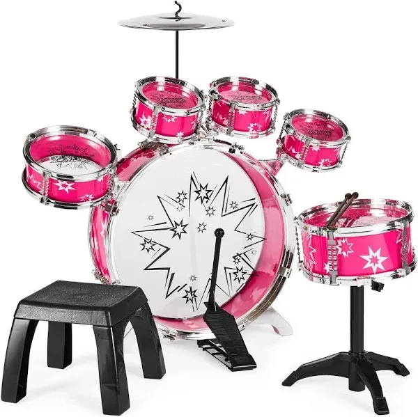 Best Choice Products 11-Piece Kids Starter Drum Set w/ Bass Drum, Tom Drums, Snare, Cymbal, Stool, Drumsticks - Pink