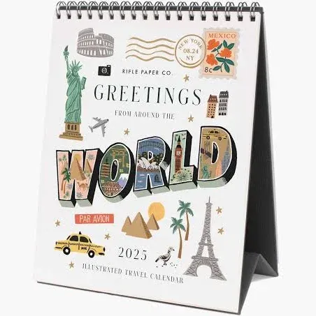 RIFLE PAPER CO. 2025 Desk Calendar | January 2025 - December 2025, Includes 12 Illustrations, Remember Birthdays, Anniversaries, and Annual Celebrations (6"W × 7.5"L), Greetings from Around the World