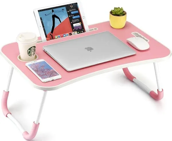 FISYOD Foldable Laptop Table, Portable Lap Desk Bed Table Tray, Laptop Stand with Cup Holder & Tablet Slot & Lifting Handle for Working Writi