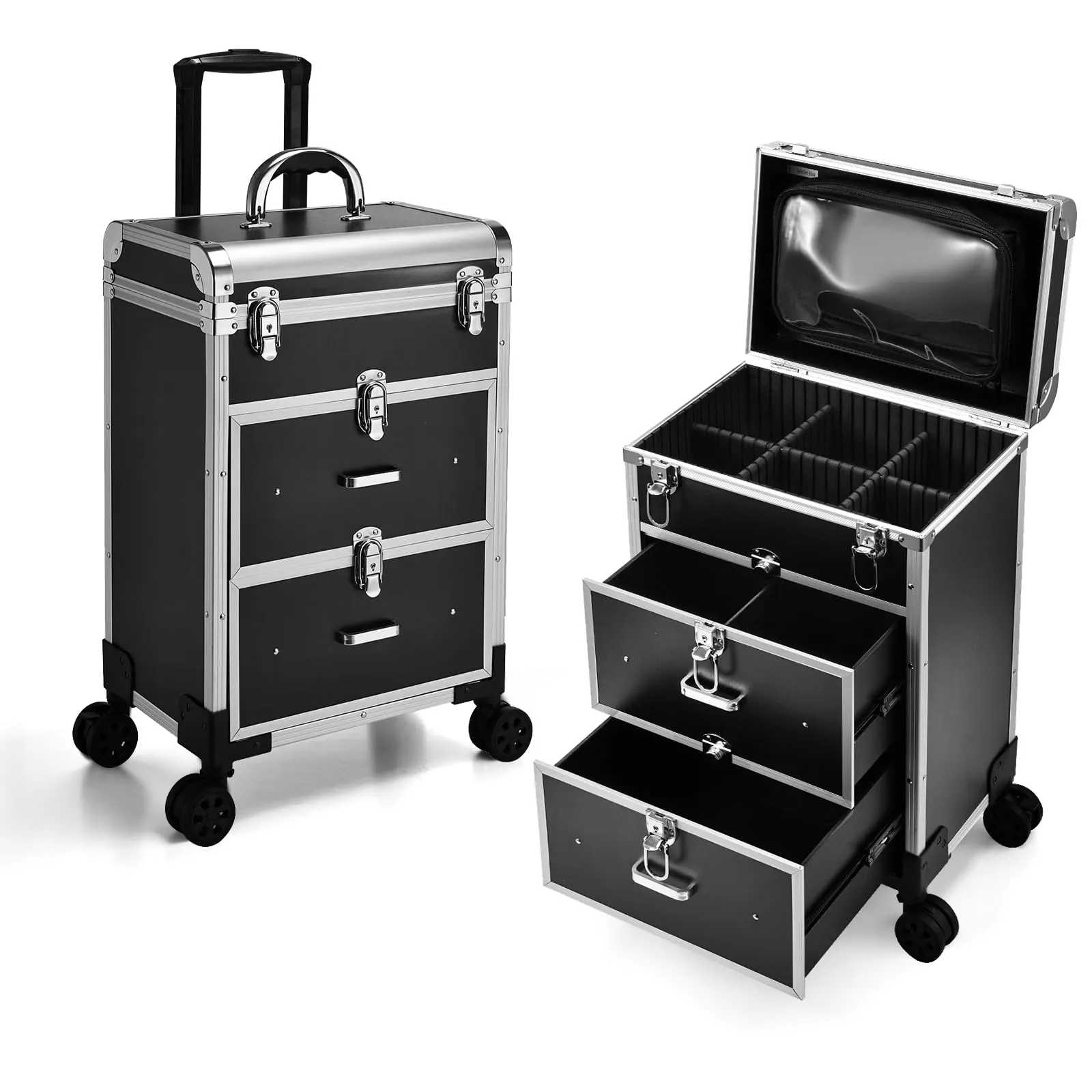 Adazzo Professional Rolling Makeup Train Case with Drawers Large Cosmetic Trolley with Locks