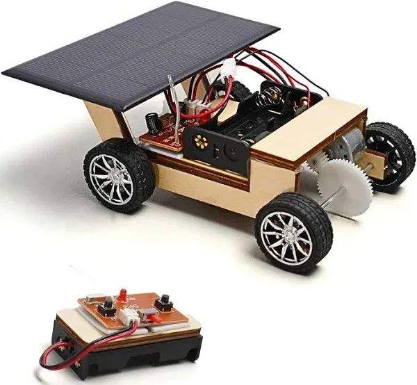 Solar-Powered Car V1, Wooden STEM Kit with Wireless Remote Control for Boys and Girls, Hybrid Powered by Solar Power and Batteries, Educational Motor Toy Gift for Kids Aged 8-12