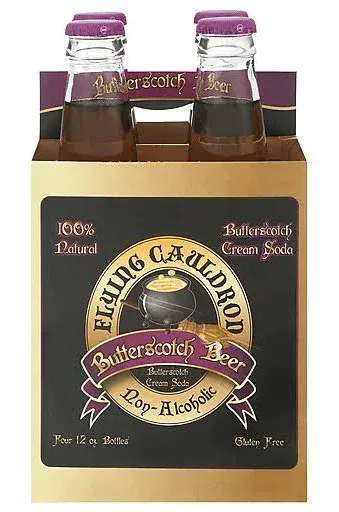 Flying Cauldron Butterscotch Beer, 12 Fl Oz (Pack of 4), Vanilla Cream Soda Brew, All- Natural, Non-Alcoholic and Caffeine free.