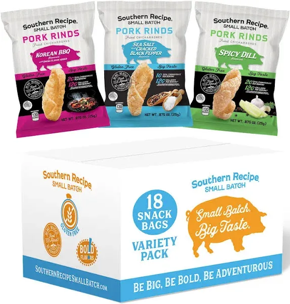 Pork Rinds Variety Pack | Salt & Pepper, Korean BBQ, & Spicy Dill | Southern Recipe Small Batch Chicharrones | Keto Friendly & Low Carb | Snack Bag