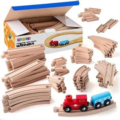 Play22USA Wooden Train Tracks 52 Pcs