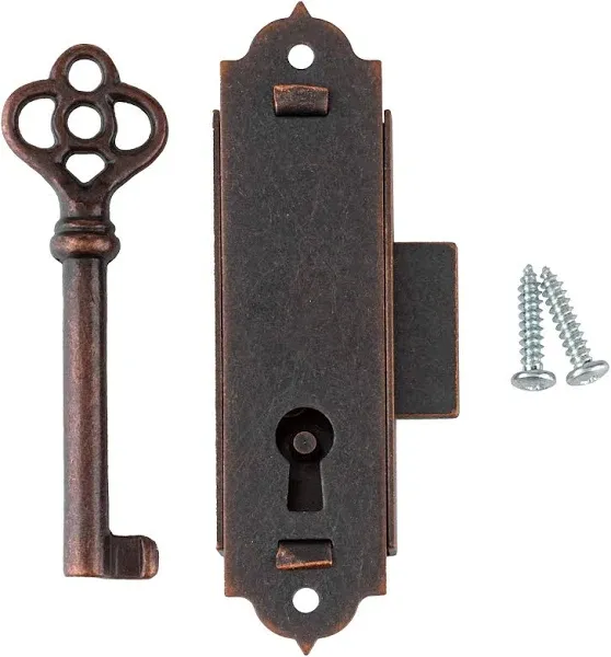 Antique Copper Narrow Flush Mount Grandfather Clock or Cabinet Door Lock with Key - Vintage Lock and Key for Furniture Doors and Drawers | UA-039-L