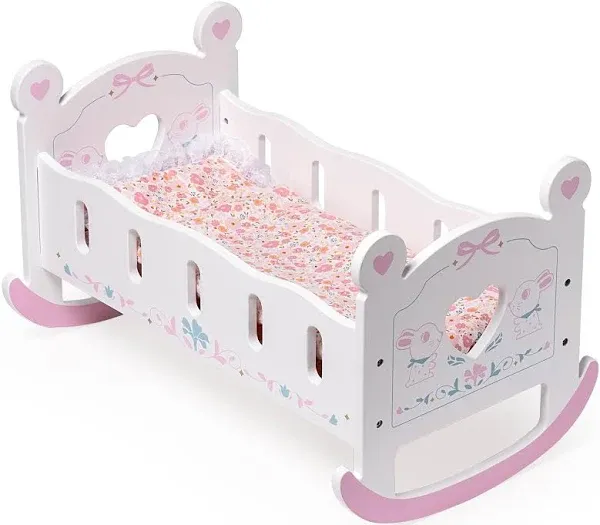 Robud Wooden Baby Doll Rocking Cradle Toy Crib with Bedding for 18 Inch Dolls