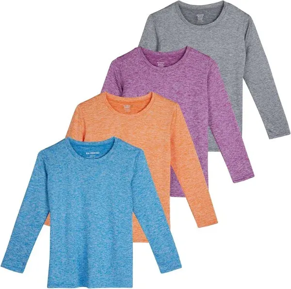 Real Essentials 4 Pack: Girls Dry-Fit Long Sleeve Active Crew Neck T-Shirt - Super Soft Tee