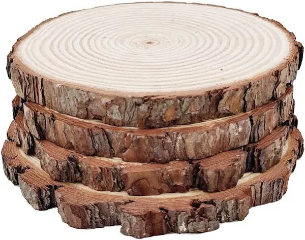 Natural Round Discs Rustic Wood Slices 4 PCS 9-10 inch Unfinished Wood kit Circles Crafts Tree Slices with Bark Log Discs for DIY Arts and Wedding Party Potluck Banquet Ornaments Decorations