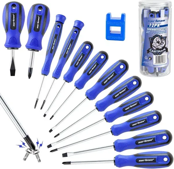 CARTMAN 12 Piece Magnetic Screwdriver Set - 6 Phillips and 6 Flat, Professional Cushion Grip Hand Tools Set