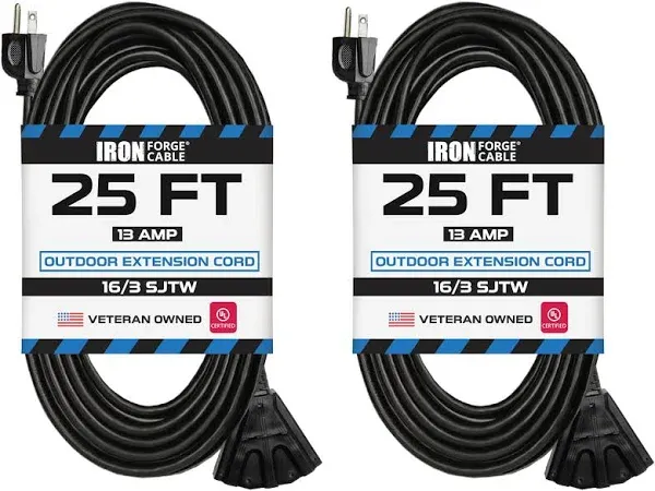 3 Outlet Outdoor Extension Cord 15 ft 16/3 SJTW Black Extension Cord with Mul...