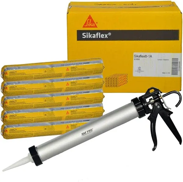 AWF PRO Sikaflex 1a Kit - One Component, Flexible, Non Sag, Polyurethane Concrete and Masonry Sealant for Vertical and Horizontal Surfaces, Sikaflex 1a 20 oz Sausage Limestone (10), Caulking Gun