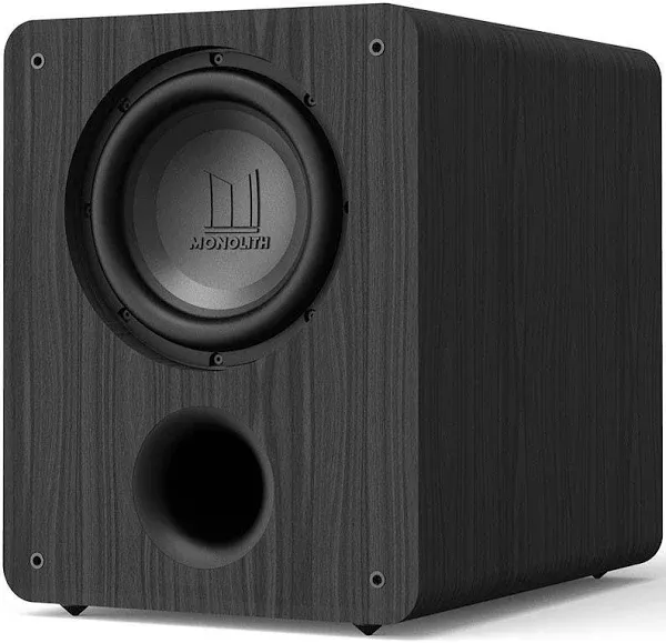 Monolith M-10 V2 10-Inch THX Certified Ultra 500 Watt Powered Subwoofer - Low Distortion, High Power Output, Vented HDF Cabinet, RCA and XLR Inputs, for Home Theater Systems, Black Ash Finish