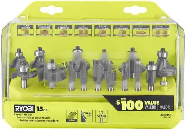 Ryobi A25R151 15 Piece 1/4 inch Shank Carbide Edge Router Bit Set