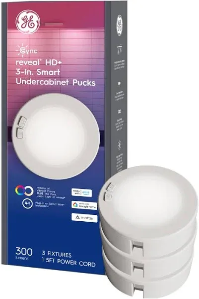 GE Cync Reveal HD+ Smart LED Under Cabinet Puck Lights, Color Changing 3in, 3pk