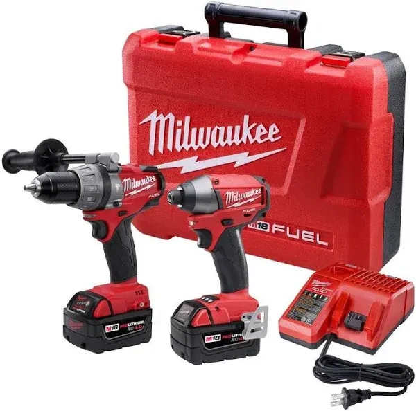 Milwaukee M18 FUEL 2-Tool Brushless Cordless Hammer Drill & Impact Driver Combo Kit with (2) 5.0 Ah Batteries & Charger 