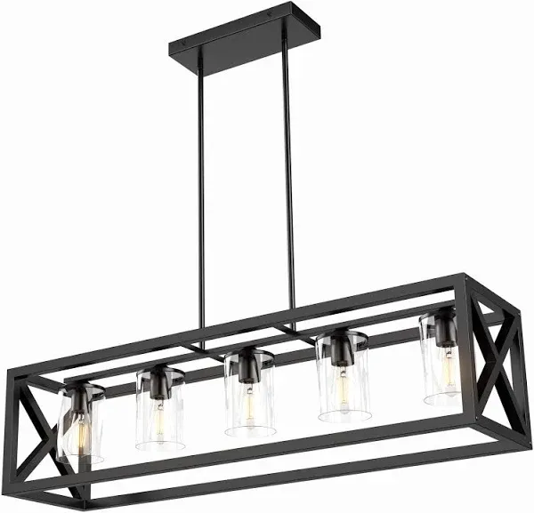 Farmhouse Chandelier Rectangle Black 5 Light Kitchen Island Cage Linear Pendant 