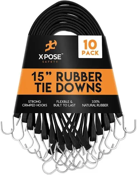 Xpose Safety 15&quot; Black Heavy-Duty Natural Rubber Tie Down Bungee Cords with Hooks TS-15-10 - 10/Pack