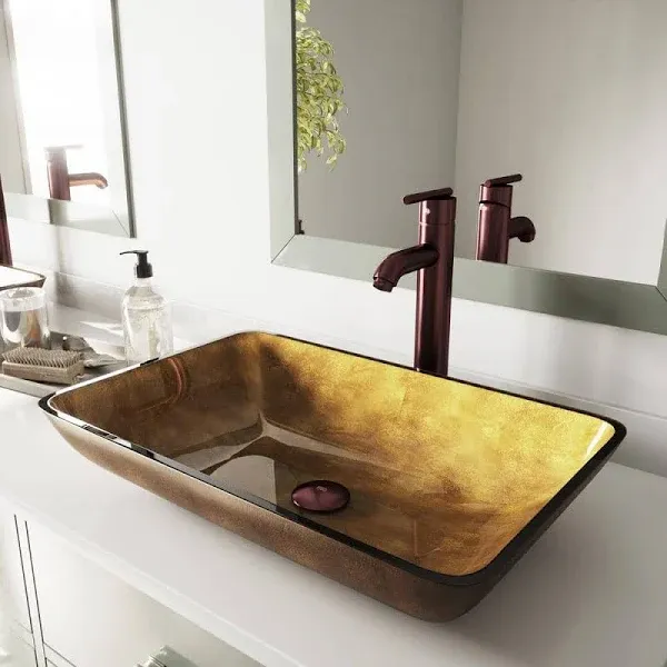 VIGO Vessel Bathroom Sink Fade Resistant Rectangular Handmade Glass Gold