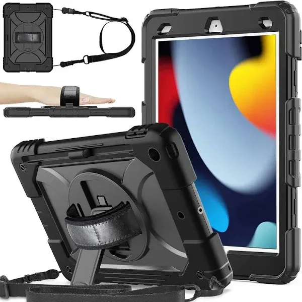 BMOUO Case for iPad 9th/8th/7th Generation 10.2", Shockproof 360 Rotating Stand Shoulder Hand Strap for iPad 9th/8th/7th Gen Case with Pencil Holder for iPad 10.2 inch 2021/2020/2019 - Black