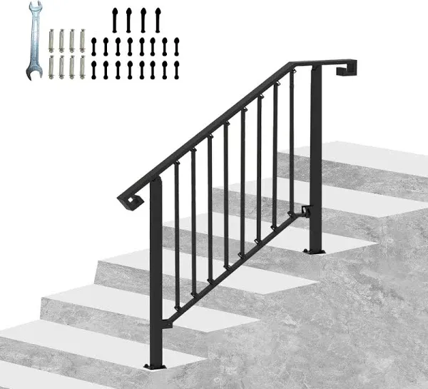 3 Step Handrails for Outdoor Steps, Wrought Iron Stair Railing Fits 2 or 3 Steps, Metal Hand Rail with Installation Kit, Staircase Handrails for Concrete, Porch, Deck, Exterior Steps, Black