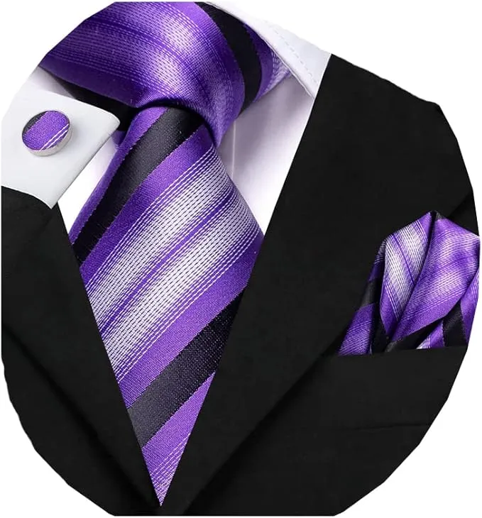 Dubulle Mens Purple Tie and Hanky Woven Silk Necktie Set with Cufflinks