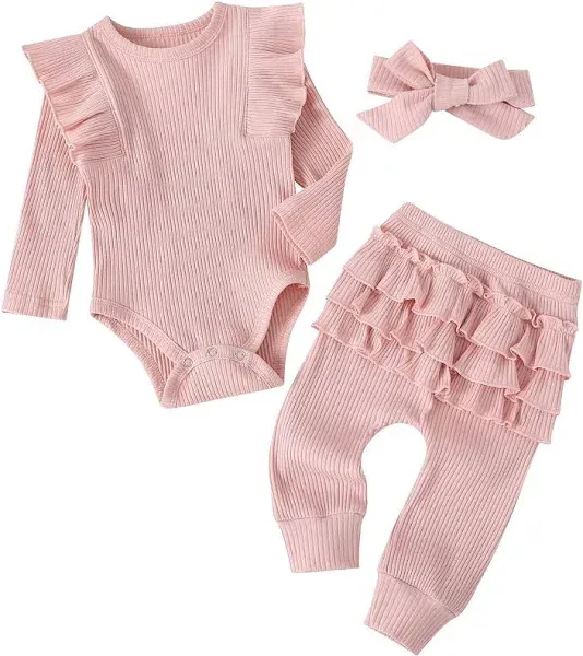 Fullfamous Baby Girl's 3PC Rib Frill Long Sleeve Romper and Pant Set