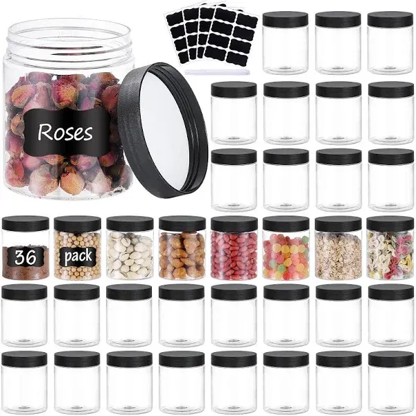 OUSHINAN 36PCS 8OZ Plastic Jars with Screw On Lids, Pen and Labels Refillable Empty Round Slime Cosmetics Containers for Storing Dry Food