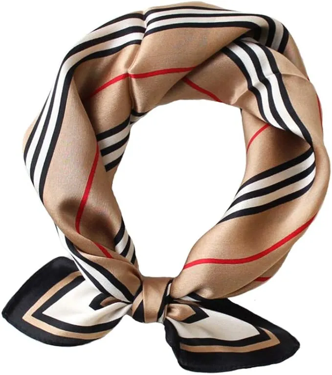 JERLA Women's Men's Small Square 100% Real Mulberry Silk Satin Scarfs Hair Head Face Scarf 21" x 21" (Stripe Khaki)